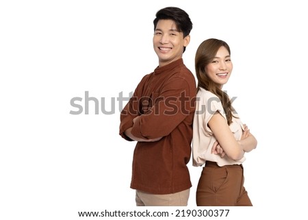Portrait of successful Asian businessman and businesswoman with arms crossed and smile isolated over white background