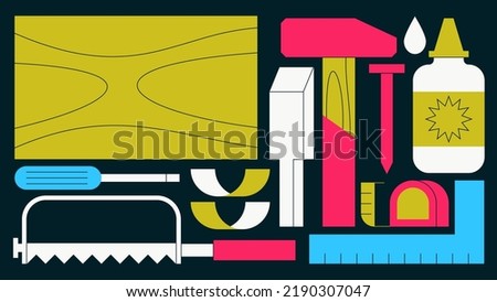 Vector flat illustration of woodwork tools. Wooden plank with hammer, saw, chisel, ruler, screwdriver and glue. Hobby, restoration, carpentry and building concept. Simple colourful cartoon design.