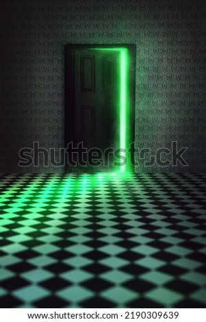 A sinister room with wooden door slightly open. Green light and smoke shows through crack in door way. Black and white tile floor. Creepy thriller style book cover concept image with copy space Royalty-Free Stock Photo #2190309639