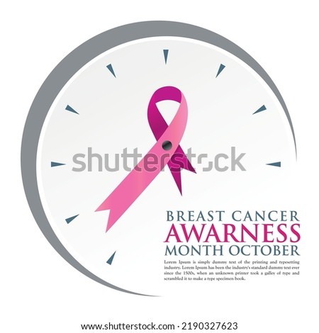 Clock with pink ribbon on clock face. Concept of Breast cancer awareness and social support. Symbol of world month fight against breast cancer. EPS10 vector