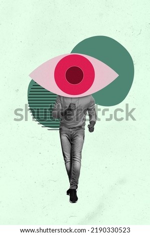 Vertical collage image of overjoyed person black white effect dancing huge eye instead head isolated on painted background