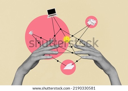 Banner collage of human hands manage daily job using netbook doing project coffee break pause isolated draw color background Royalty-Free Stock Photo #2190330581