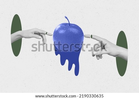 Composite collage picture of two human hands black white gamma point touch finger drawing apple isolated on creative background