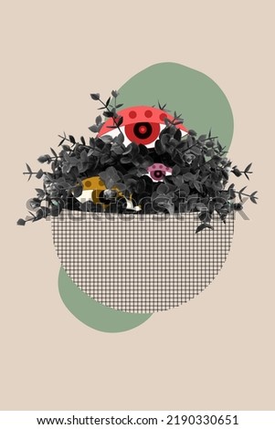 Vertical collage picture of painted flower pot plant eyes inside isolated on drawing creative background