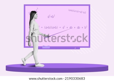 Composite collage illustration of small girl black white gamma hold pointer demonstrate algebraic equations black board