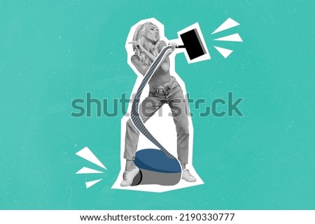 Collage photo of young beautiful cute lady hold new vacuum dancing advertisement cool technology deep clean isolated on aquamarine color background