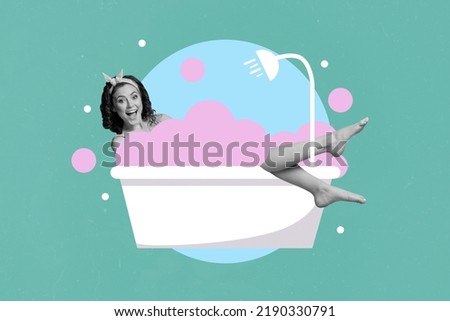 Composite collage picture of excited overjoyed girl black white gamma lay bathtub pink foam bubble isolated on creative background