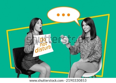 Collage photo of two young ladies sitting take interview please give information dont disturb isolated on green color background