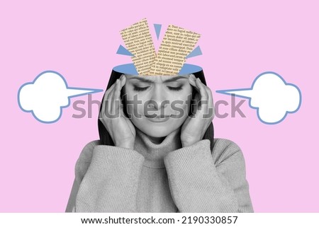 Portrait of girl black white gamma feel bad unwell painted steam head ache book paper text isolated on pink background
