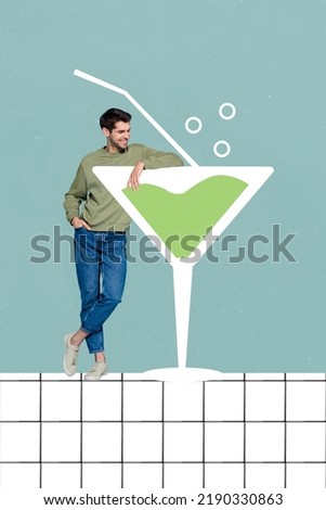 Vertical collage illustration of positive guy stand near big painted cocktail glass isolated on creative background