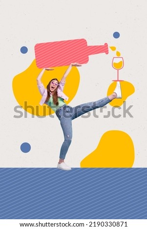 Vertical collage picture of excited positive girl hands hold huge drawing wine bottle pour glass isolated on painted background