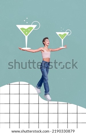 Vertical composite collage picture of cheerful girl arms hold two big painted glass alcohol cocktail isolated on drawing background