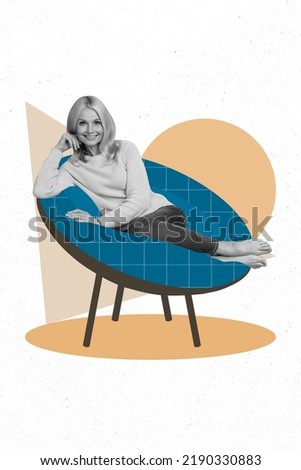 Vertical collage photo of attractive vintage lady sitting furniture advert looking minded smiling isolated on white color background