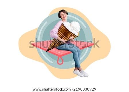 Collage photo of young beautiful optimistic woman holding icecream sitting plaid isolated on white color background