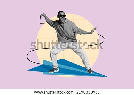 Collage portrait of positive cheerful guy black white effect dancing enjoy weekend isolated on painted background