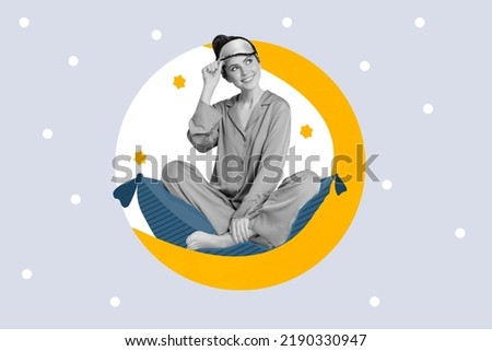 Collage photo of young charming beautiful lady sitting moon comfort dreamy prepare for sleep isolated on painted grey color background