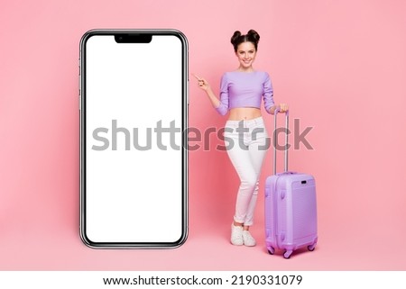 Full length body size view of beautiful cheerful girl demonstrating copy space look idea isolated over pink pastel color background
