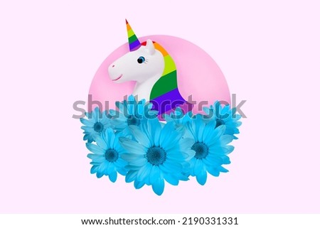 Composite collage picture of miniature unicorn blue flowers isolated on drawing creative background