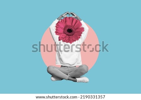 Collage image of girl sitting floor black white gamma hands showing heart gesture flower instead head isolated on painted background