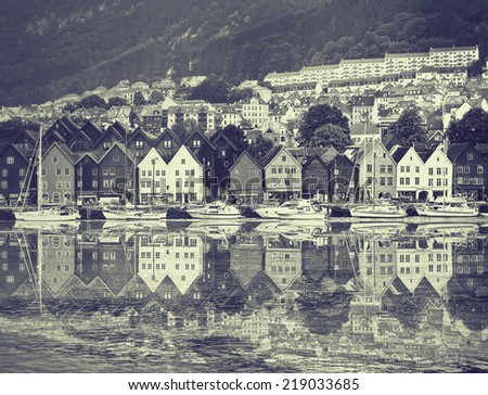 Bergen, Norway. Black and white vintage picture.