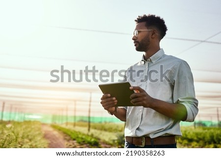 Thinking farmer with digital tablet checking sustainable farming growth, progress or preparing farm export order on tech. Serious man, gardener or greenhouse environmental scientist on a rural Royalty-Free Stock Photo #2190358263