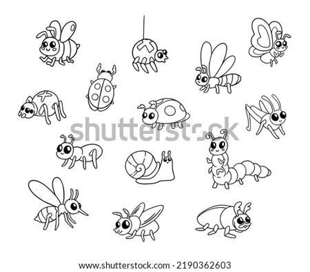 Set of cute insects for kids design in doodle syle. Ladybug, caterpillar, spider, butterfly, ant, fly, beetle, grasshopper, snail and mosquito in cute childlich drawing. Illustration for coloring.