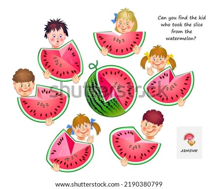 Logic game for smartest. 3D puzzle. Can you find the kid who took the slice from the watermelon? Play online. Developing spatial thinking. Page for brain teaser book. IQ test. Vector illustration. Royalty-Free Stock Photo #2190380799