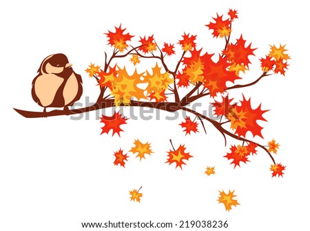 bird sitting on branch among autumn season maple tree leaves - fall nature design element