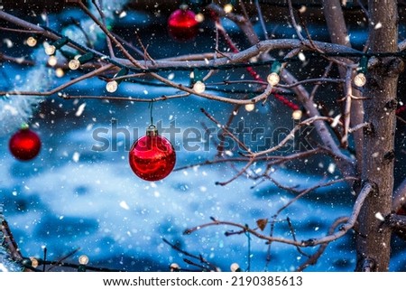 Red Glass Ball Christmas Ornaments with Lights on a Tree Branch in Winter Snow 
