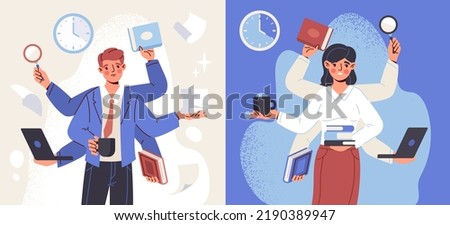 Multitasking and time management concept. Busy man and woman with several hands holding business documents, laptop and folders. Overloaded tired employees do paperwork. Cartoon flat vector Royalty-Free Stock Photo #2190389947
