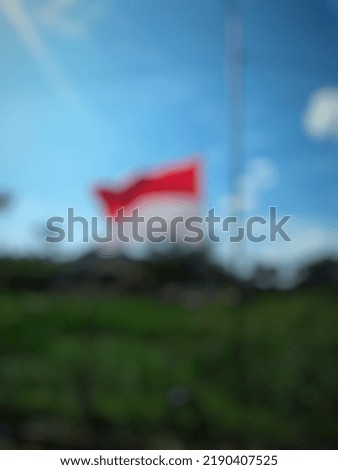 Abstract background of the unfocused Indonesian flag installed on a pole in the middle of a rice field near the house