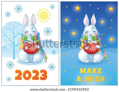 White rabbit in winter landscape vector illustration. Cute bunny symbol of the new year 2023, funny hare in the scarf with a cup of hot cacao at night sky stars. Happy rabbit cartoon clip art chinese 