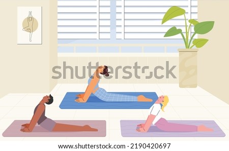 People are doing yoga together on the mat. flat design style vector illustration.