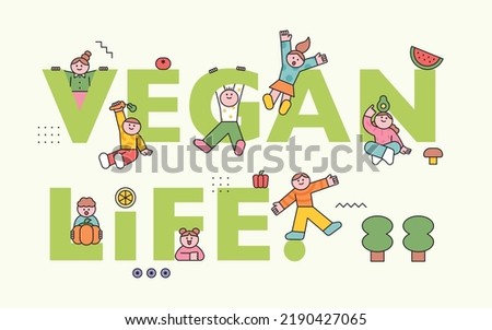 Vegan life. Cute kids characters are playing with the vegan life alphabet. Vegetables and fruits icons. flat design style vector illustration.