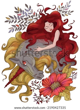 Colorful fantasy illustration with hand drawn beautiful fairy girl or princess and magic unicorn horse with flower isolated on white background, mystic or fable vector clip art 