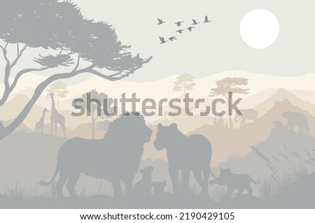 kids nursery, cute forest with scandinavian mountains, beautiful animals family,  ilustration wall for children, cute background, nursery wallpaper for baby room, room design, backdrop, greeting card  Royalty-Free Stock Photo #2190429105