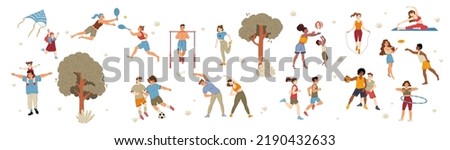 People enjoying outdoor activities, flat character set isolated on white. Parents, kids playing games in park, men, women training, friends doing sports together. Healthy lifestyle vector Royalty-Free Stock Photo #2190432633