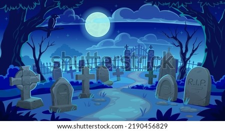 Cemetery landscape, graveyard tombstones background, vector Halloween horror night. Cartoon cemetery landscape with scary tombstones and spooky moon, RIP gravestones and creepy dark graves Royalty-Free Stock Photo #2190456829