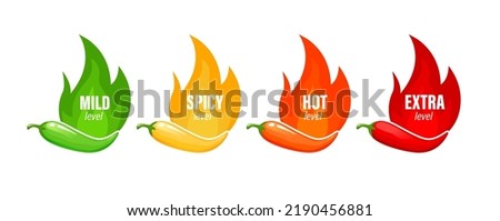 Hot spicy level labels. Hot sauce or food spicy meter vector icons, tabasco or ketchup sauce taste rating. Capsaicin level from mild to extra indicator with chili, lalapeno pepper and fire flames Royalty-Free Stock Photo #2190456881