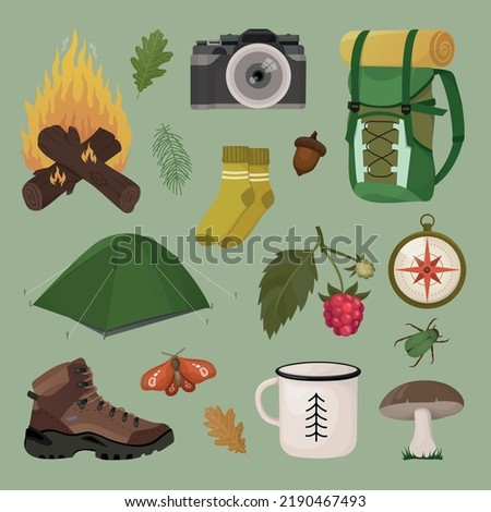 Camping, hiking equipment, forest tourists vector illustration set outdoor. Cartoon autumn camp travel tools collection for survival in wild, tent backpack  boots compass campfire camera isolated 
