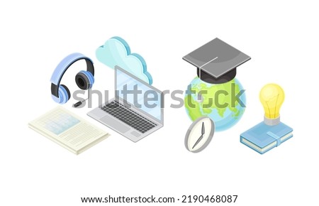 School Lesson with Supplies for Geography Subject and Online Learning Platform Isometric Vector Set