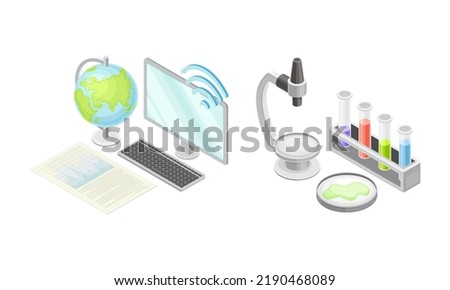 School Lesson with Supplies for Geography and Chemistry Subject Isometric Vector Set