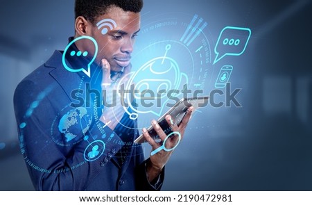 Black businessman working with phone, pensive and smiling portrait. Digital chat bot hud and social network icons with helpdesk. Concept of network and connection