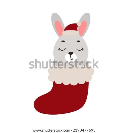 Cute little bunny in Christmas sock. Cartoon animal character for kids cards, baby shower, invitation, poster, t-shirt composition, house interior. Vector stock illustration.