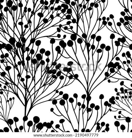 Seamless monochrome pattern of abstract sprigs with berries. Vector illustration. Vector botanical design for textile, wrapping paper, branding