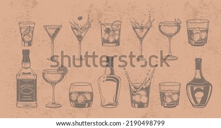 grunge Cocktails  alcoholic daiquiri, old fashioned, manhattan, martini, sidecar glass hand drawn engraving vector illustration. Isolated black and white vintage style drinks set.  Royalty-Free Stock Photo #2190498799