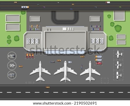 Airport terminal top view. Cartoon hangars, runway, cargo and passenger aircraft on parking area, service vehicles aerial top view. Vector city airport overhead illustration. Aviation transport Royalty-Free Stock Photo #2190502691