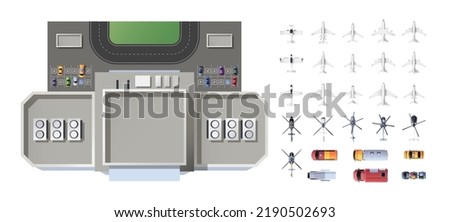 Airport infrastructure top view. Passenger and cargo aircraft and service vehicles collection. Aerial view of airport terminal elements. Vector isolated set. Urgency vehicles, airplane and Royalty-Free Stock Photo #2190502693