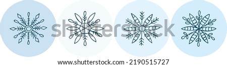 A set of hand-drawn snowflakes. Vector illustration in doodle style. Winter mood. Hello 2023. Merry Christmas and Happy New Year. Blue elements on a light blue background.