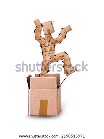Think outside the box concept isolated on white background witha box character jumping out of the cardboard packing box
